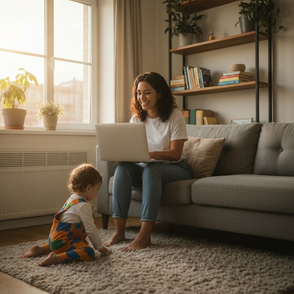 Single mom working from home with child beside her